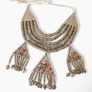 vintage kashmiri beaded multistrand statement necklace w/ jeweled hamsa dangles
